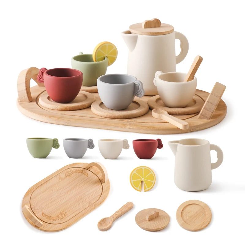 Wooden Montessori Toys Toddler Pretend Play Tea Party Set Silicone Teapot Cups Wood Tray Scoop Toys for Kids Birthday Gift Good Vibrations
