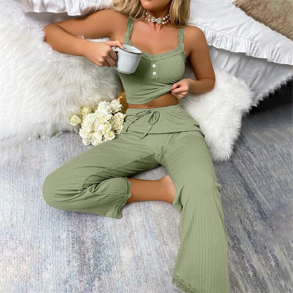New Women's Two-Piece Pajama Set with Solid Color Lace Edging Sexy Slim Fit Suspender and Pants Soft and Comfortable Pajamas Set Good Vibrations