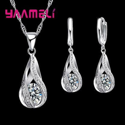 Hot Water Drop CZ 925 Sterling Silver Plated Jewelry Set For Women Pendant Necklace Hoop Earrings Wedding Party Ceremoey Anel Good Vibrations