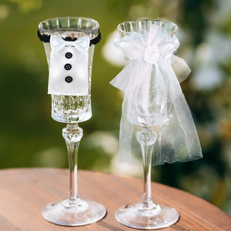 2Pcs Marriage Bride And Groom Wine Cups Wraps Champagne Glass Bottles Cover Wedding Table Decoration Bachelorette Party Decor Good Vibrations