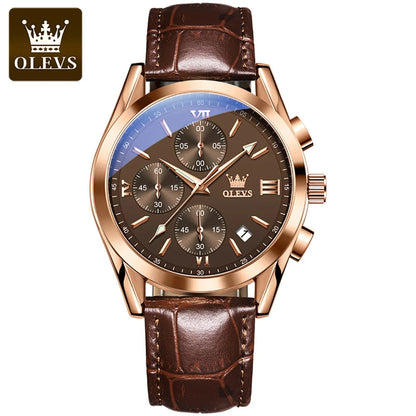 OLEVS 2872 Chronograph Men's Wristwatches Leather Strap Waterproof Luminous Original Quartz Watch for Men Luxury Sport Man Watch Good Vibrations