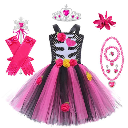 Halloween Kids Dress Cosplay Heart Print Skeleton Costumes Girls Floral Skull Tutu Clothes Children Carnival Performance Outfits Good Vibrations
