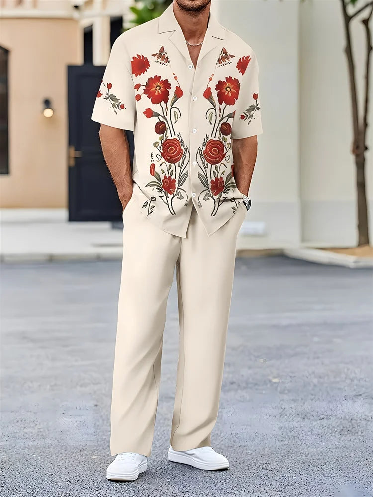 2025 Autumn Geometric Color Block Printed Short-sleeved Set, 2pcs Daily Casual And Loose Men's Shirt Set, Casual And Fashionable Good Vibrations