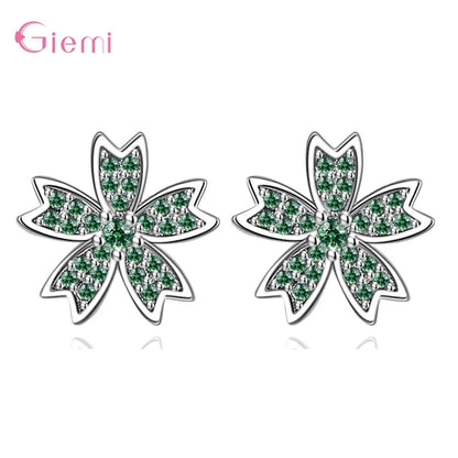 Charm 925 Sterling Silver Jewelry Sets Shiny Cherry Blossoms Cubic Zircon Necklace Earrings Bracelet for Women Girls Party Gift Good Vibrations