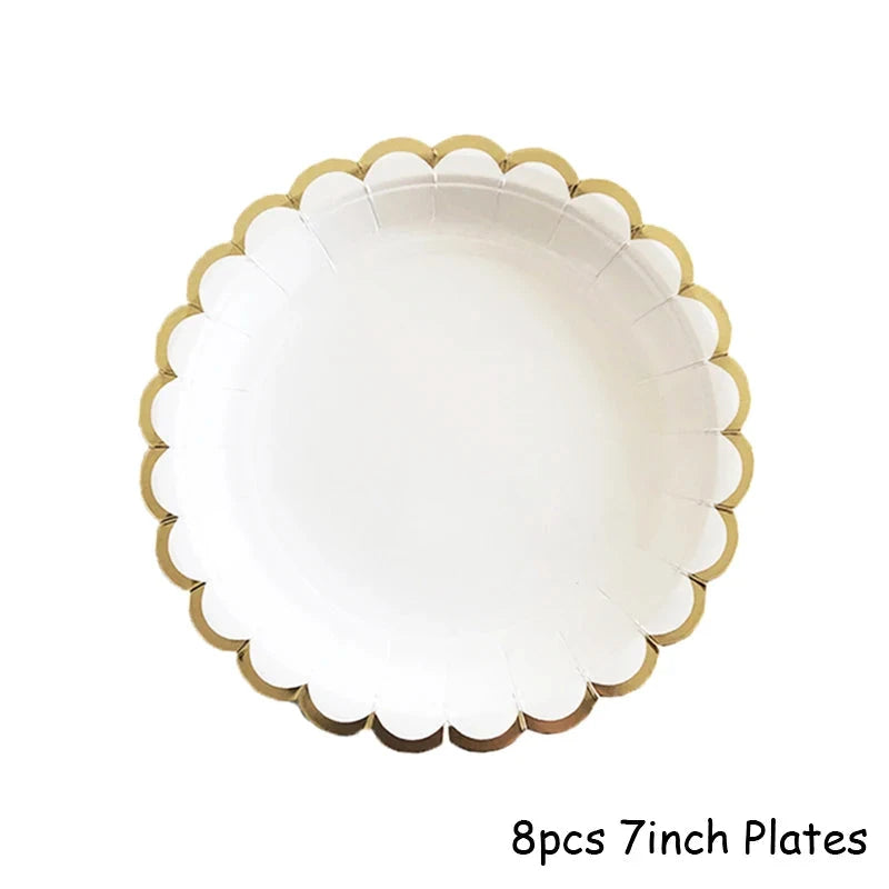 White Disposable Tableware Set Party Gold Paper Plate Wedding Necessitie Birthday Party Baby Shower Decorations Wedding Supplies Good Vibrations