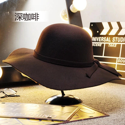 British Style Felt Hats for Women, Big BrimTop Hat, Flat Brim, White Cap for Lady, Autumn and Winter Good Vibrations