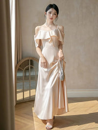 4styles Champagne Bridesmaid Dress Women's Elegant Satin Ruffles Design Off Shoulder Ankle Length Wedding Party Guest Vestido Good Vibrations