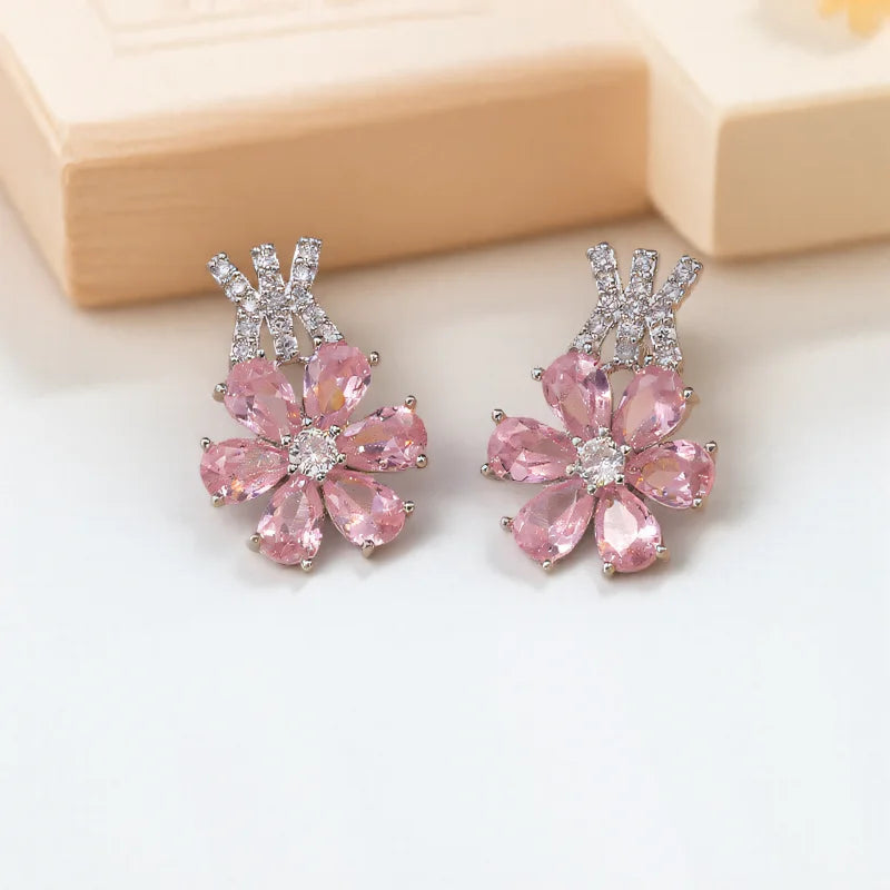 Charm Bridal Pink Zircon Big Flower Stud Earrings Pendants Necklaces For Women Silver Color Wedding Engagement Jewelry Sets Good Vibrations