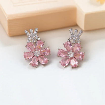 Charm Bridal Pink Zircon Big Flower Stud Earrings Pendants Necklaces For Women Silver Color Wedding Engagement Jewelry Sets Good Vibrations