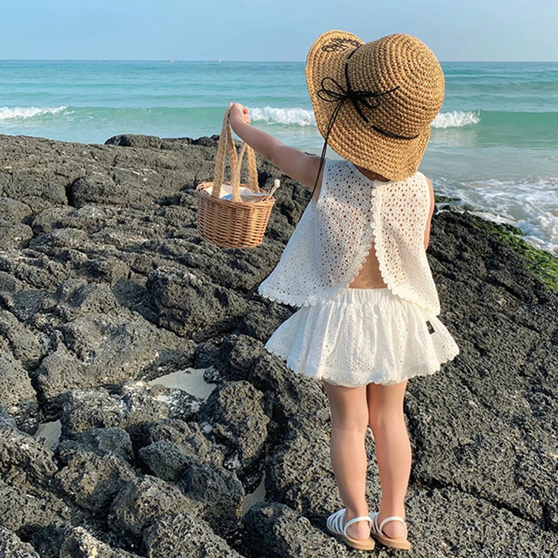 Girls 2024 Summer Clothing Sets Hollow Lace Suit Baby Casual Sleeveless T-shirt+Shorts Kids Clothing Sets Baby Clothes Outfits Good Vibrations