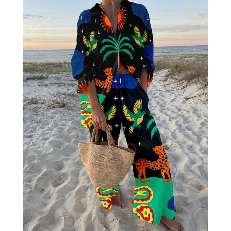 Women's Two Piece Set Print Shirt Pants Suit Single Breasted Lapel Short Sleeve Shirt And Wide Leg Trousers Sets, Lady Outfits Good Vibrations