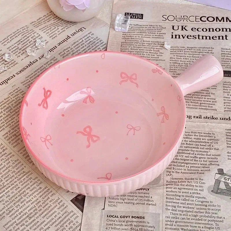 Pink Bow Ceramic Cutlery Set, Dessert Home Tableware Ceramic Handle Bowl Yogurt Cup High Value Breakfast Plate Drinkware Good Vibrations