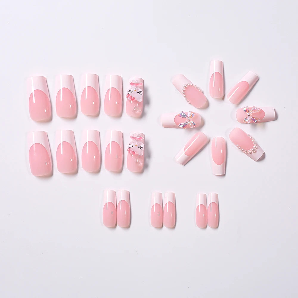 Pink French Fake Nails 3D Pink Hello Kitty, Aurora Bow, Pearl Design False Nail Medium Coffin Shaped Full Cover Press On Nails Good Vibrations