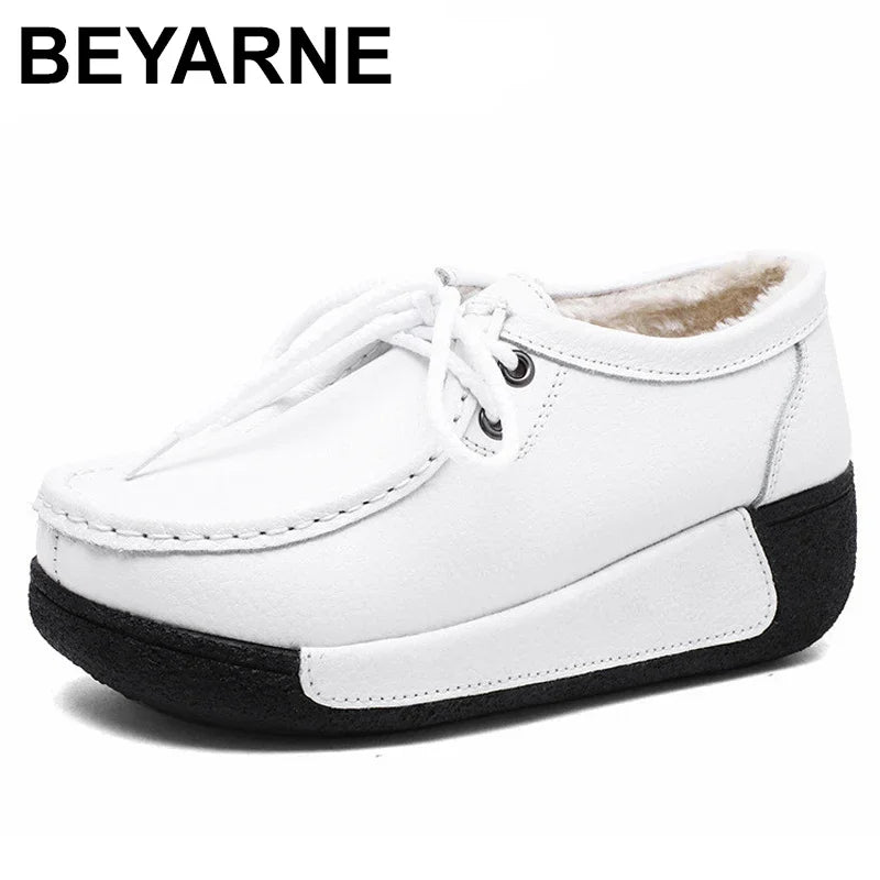 BEYARNENew Winter Shoes Genuine Leather Womens Flat Platform Shoes Casual Womens Loafers Plush Womens Slip-on Sneakers for Women Good Vibrations
