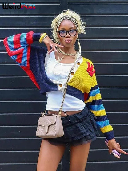 Weird Puss Y2K Cardigan Sweater Women Letter Print Casual Wild V-Neck Button Colorful Patchwork Street Trend Hipster Knit Coat Good Vibrations