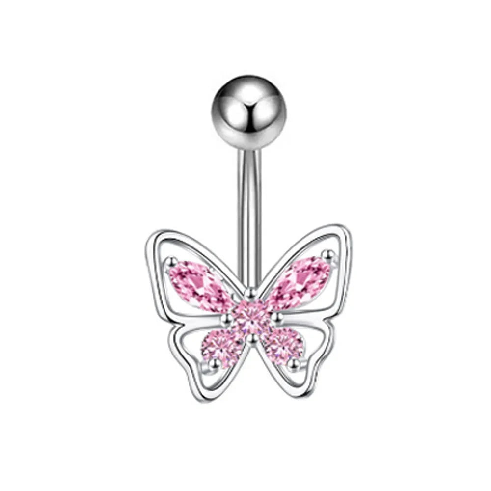 Fashion Pink Crystal Crown Belly Button Rings Stainless Steel Long Pendant Butterfly Heart Navel Piercing for Women Jewelry Good Vibrations Adult Super Store