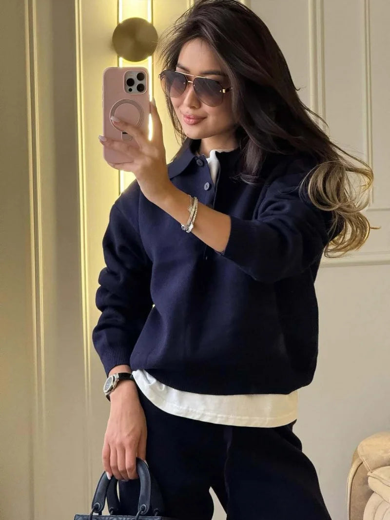 Fashion Knitting 2 Piece Sets Women Outfit Autumn Clothing Women 2026 Polo-Neck Pullover Sweater Long Pants Suit Knit Woman Sets Good Vibrations