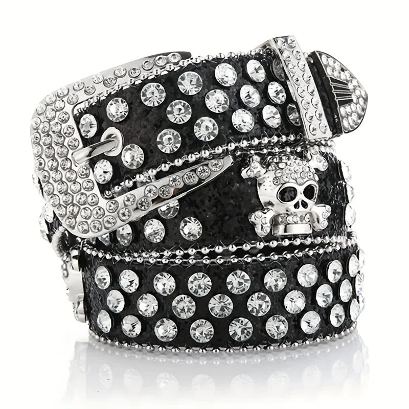 Glamorous Rhinestone Skull Rivet Belt - Perfect for Jeans & Western Outfits! Good Vibrations