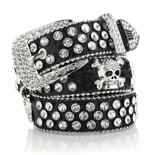 Glamorous Rhinestone Skull Rivet Belt - Perfect for Jeans & Western Outfits! Good Vibrations