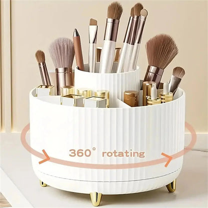 360° rotating white plastic makeup organizer with five compartments holding brushes and cosmetics