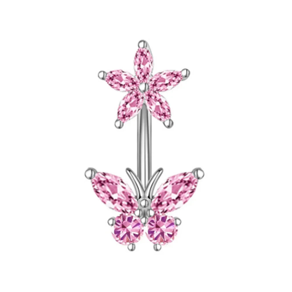 Fashion Pink Crystal Crown Belly Button Rings Stainless Steel Long Pendant Butterfly Heart Navel Piercing for Women Jewelry Good Vibrations Adult Super Store