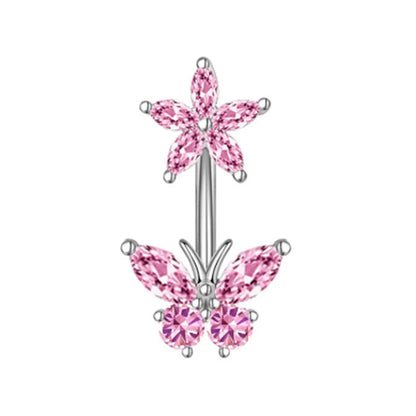 Fashion Pink Crystal Crown Belly Button Rings Stainless Steel Long Pendant Butterfly Heart Navel Piercing for Women Jewelry Good Vibrations Adult Super Store