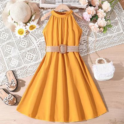 Prowow Girls Party Dresses Sleeveless Belted Halter Neck Hem Dress Holiday Beach Children's Clothing Teenagers Dress For Girls Good Vibrations