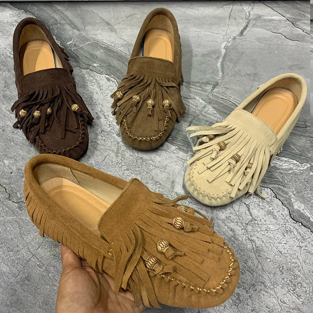 Women Flat Shoes Plus Size Casual Female Mullers Leather Women Loafers Fashion Tassels Designer Women Shoes Good Vibrations