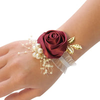Bridesmaid Faux Rose Bracelet Wedding Wrist Corsage Polyester Ribbon Pearl Bow Bridal Gifts Hand Flowers Party Prom Accessories Good Vibrations
