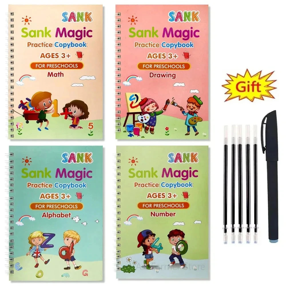 4 Books Montessori SANK English Magic Copybook Reusable Writing Practice 3D Calligraphy Book Wipe-free Education Books Good Vibrations