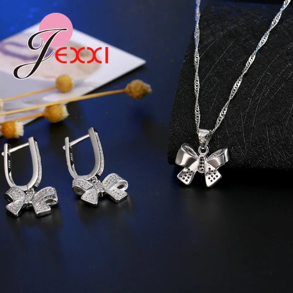 Classic Women Tow Tie Jewelry Sets Full Rhinestone Zircon Statement Necklace Earrings 925 Sterling Silver Set Accessory Good Vibrations Adult Super Store