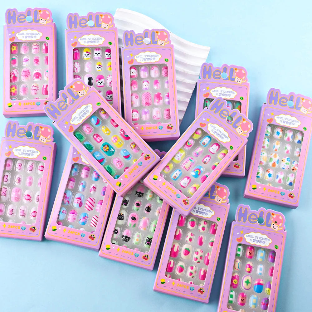 24Pcs/box Kids nails for Girl Cartoon Pattern False Nail Cute Child Fake Nails Tips Kawaii Acrylic Artificial Press on Nail+Tool Good Vibrations