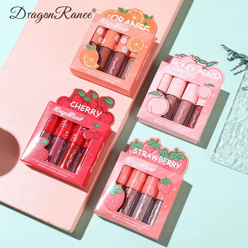 Mini Velvet Matte Lip Gloss Set, 4-Piece Non-Fading, Non-Stick Cup, Long-Lasting Fruit Scented Lip Tint, Smooth and Lightweight Good Vibrations