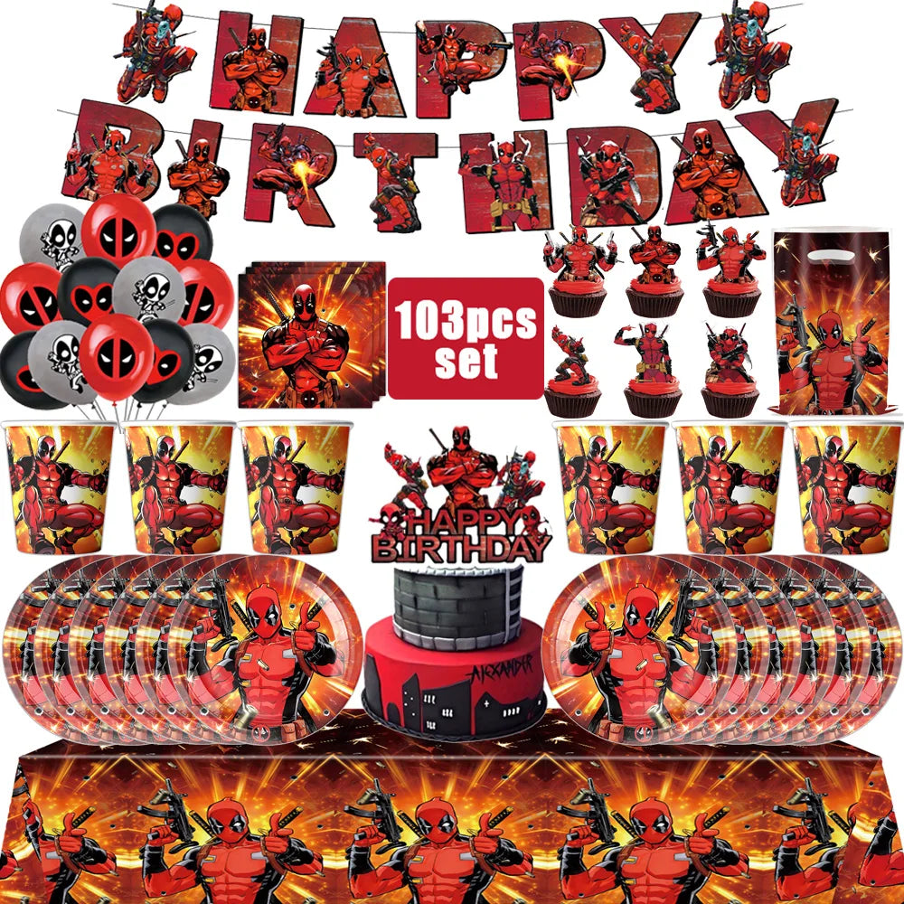 Superhero Deadpool Birthday Party Decor Disposable Tableware Plate Tablecloth Cake Topper Banner Wolverine Boy Kid Party Supplie Good Vibrations