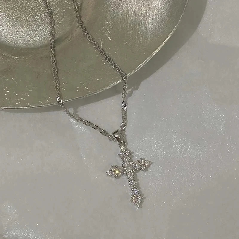Shiny Crystal Zircon Cross Pendant Necklace for Women Girls Punk Silver Color Thin Chain Necklace Party Jewelry Birthday Gift Good Vibrations
