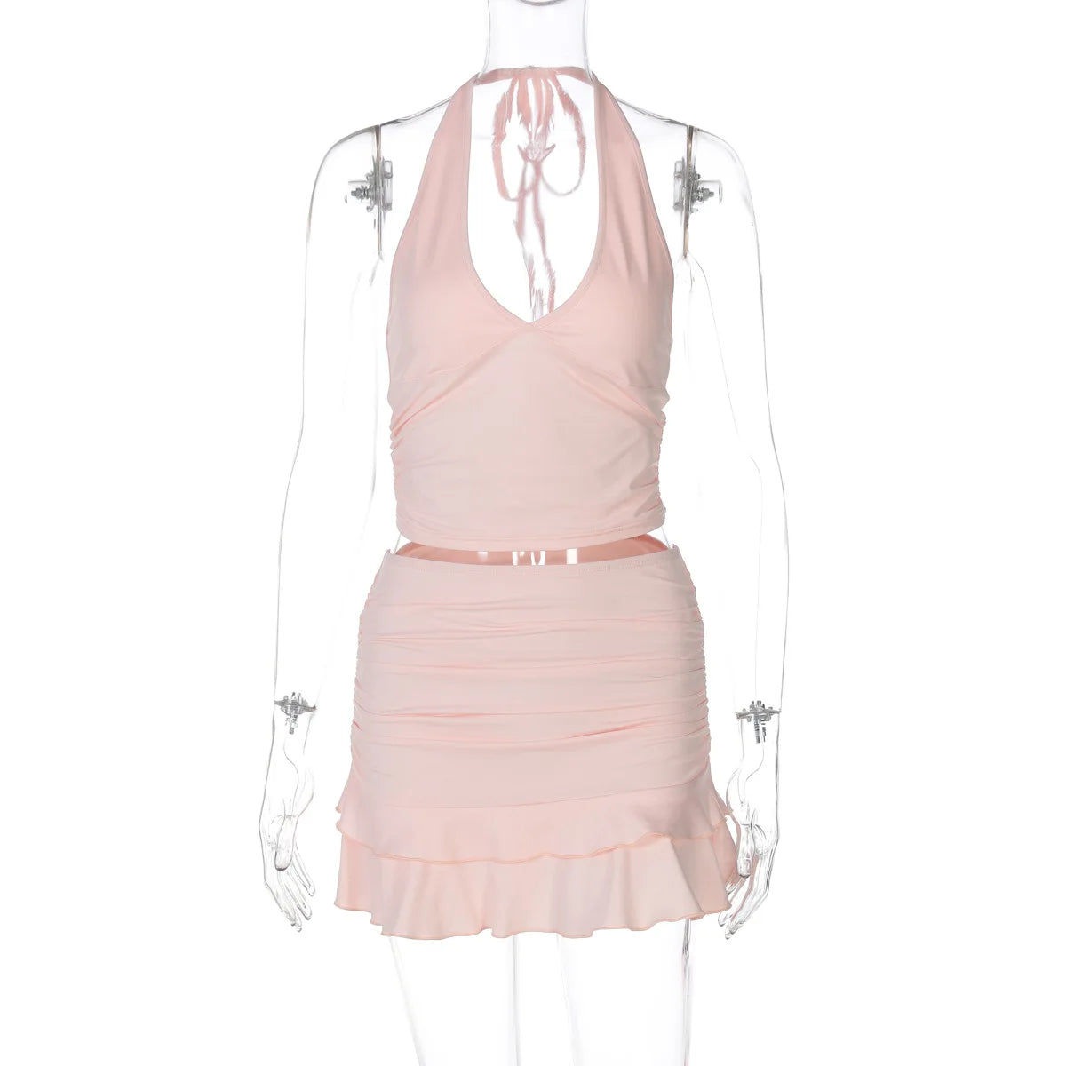 Woman Clothing Halter Neck Corset Top and Ruched Mini Skirts Two Pieces Matching Set Pink Red Black Backless Festival Outfit Good Vibrations