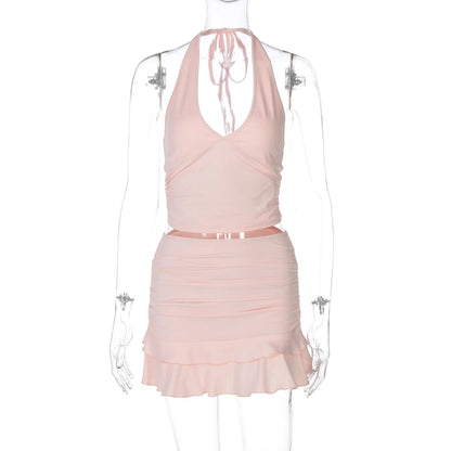 Woman Clothing Halter Neck Corset Top and Ruched Mini Skirts Two Pieces Matching Set Pink Red Black Backless Festival Outfit Good Vibrations