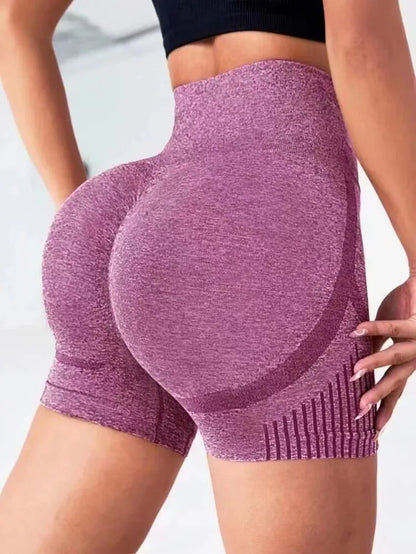 High-waist seamless purple women yoga shorts with knitted herringbone fabric and lift butt design.