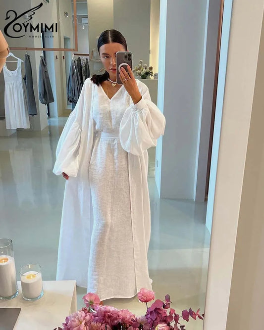 Oymimi Elegant Yellow Cotton Hemp 2 Pc Sets Womens Outfits Casual Puff Sleeve Robe And V-Neck Sleeveless Floor-Length Dress Sets