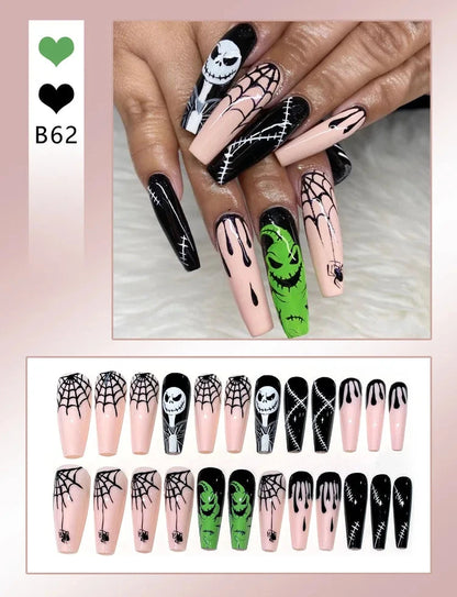 24pcs Halloween Nails Glitter Pink Sequin Fake Nail Patch Scary Skull Love Heart Pattern Artificial Nails Full Cover Wearable Good Vibrations