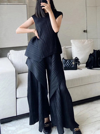Women's Two-Piece Set: Pleated Blazer with Sleeveless Patchwork T-Shirt and Elasticated Waist Wide-Leg Stretch Trousers Good Vibrations