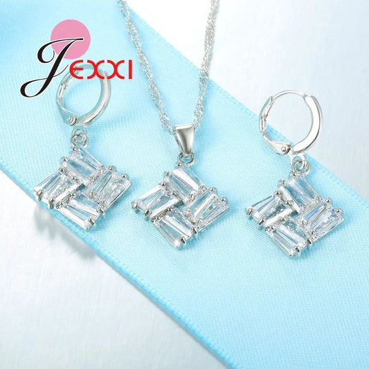 Charm Crystal Women Bridal Wedding Jewelry Sets 925 Sterling Silver Pendant Necklaces Earrings Sets Bijoux Femme Good Vibrations