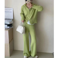 Women Casual Knitted Pants Home Suit Autumn Fashion Zip Up Sweater Hoodie Wide Leg Trousers 2 Piece Set Tracksuit Winter Outfits Good Vibrations