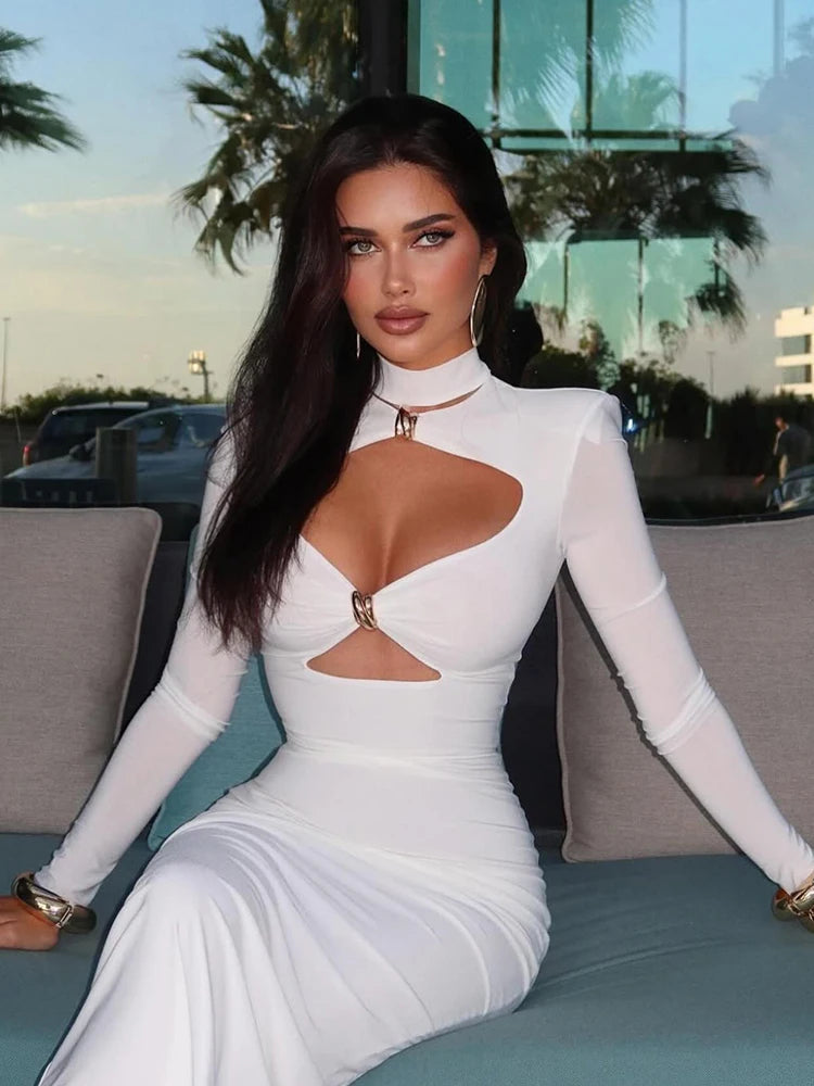 Elegant Party Dresses For Women Fashion Sexy Solid Full Sleeves Hollow Out Turtleneck Sheath Hip Wrap Long Vestidos Robes Female Good Vibrations