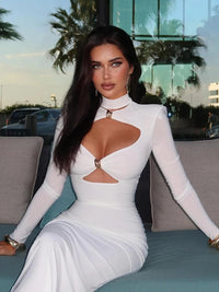 Elegant Party Dresses For Women Fashion Sexy Solid Full Sleeves Hollow Out Turtleneck Sheath Hip Wrap Long Vestidos Robes Female Good Vibrations