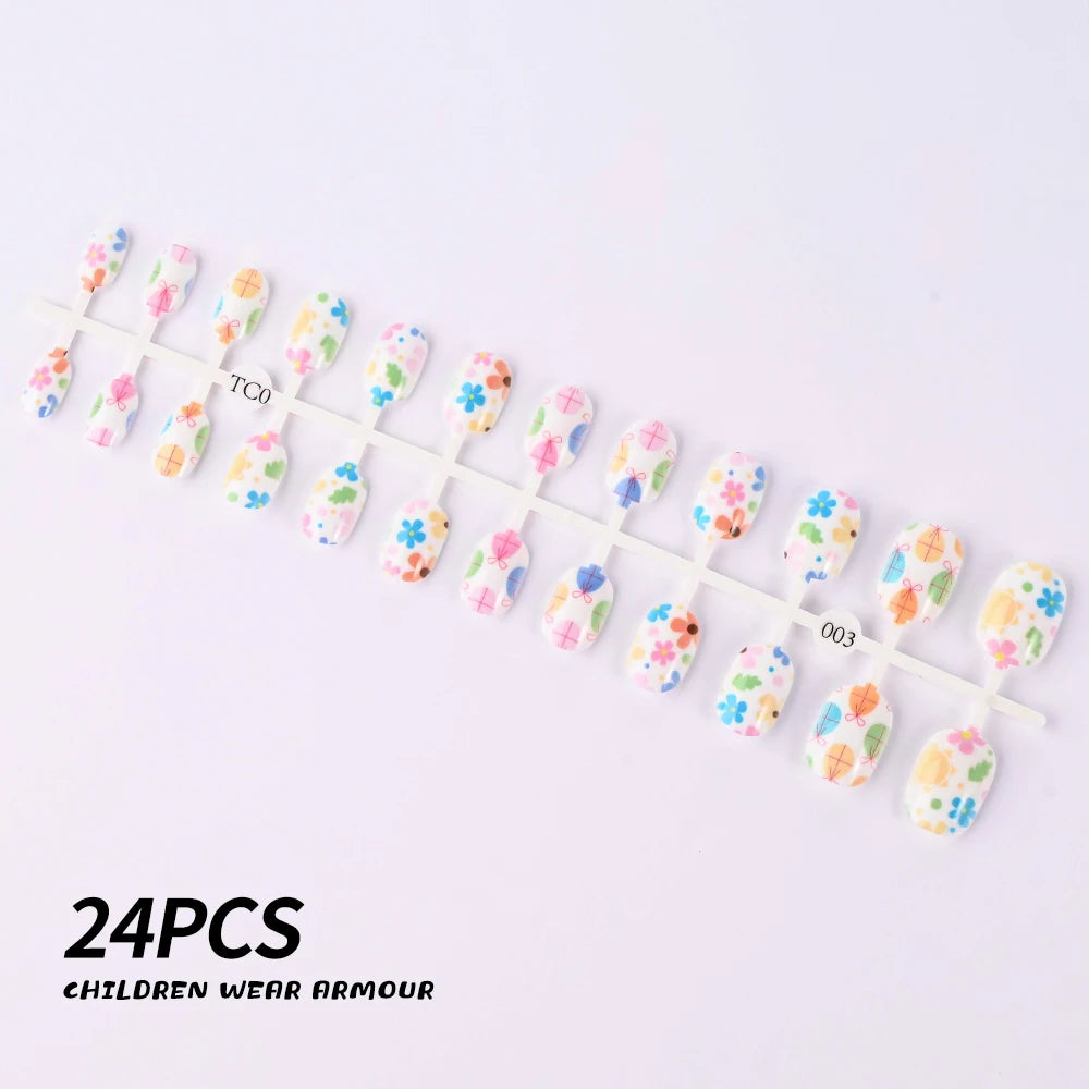 24Pcs/Strip Pink Detachable Child False Nails Tip Kawaii Cartoon Strawberry Acrylic Artificial Full Cover Press On Nail for Girl Good Vibrations