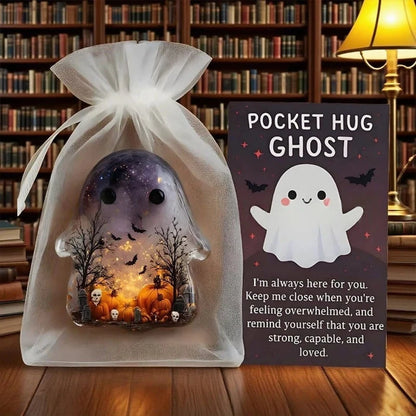 Pocket Hug Ghost Acrylic Charm Set with Card, Mini Emotional Support Gift for Anxiety Relief Halloween Pocket Sea Animal Hugs Good Vibrations