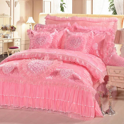 Luxury Wedding Bedding Sets Queen King Size Pink Princess Lace Bedcover Set Jacquard Duvet Cover Bed Sheet Pillowcases Good Vibrations