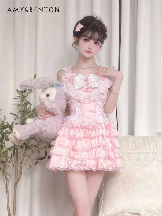 Sweet Cute Heavy Industry Skirt Sets Bow Lace Vest Mini Y2K