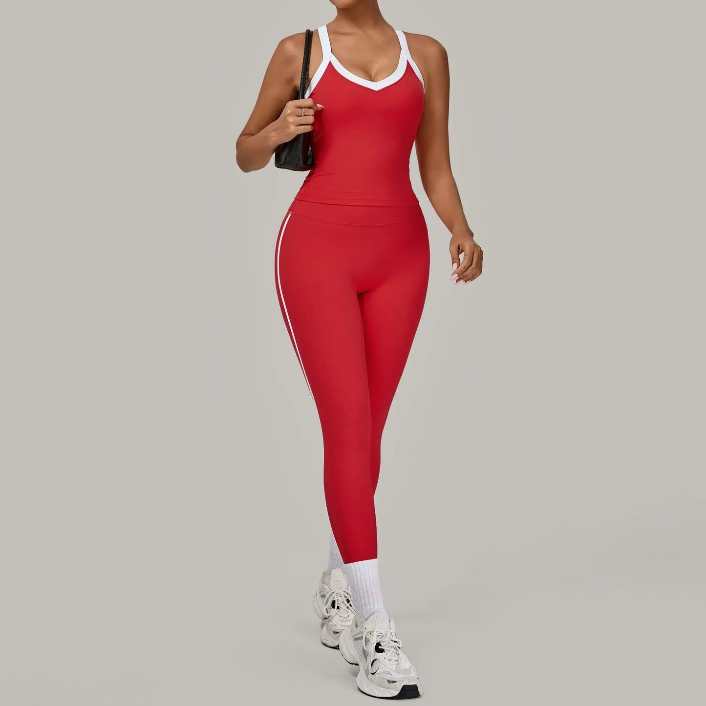 Autumn Yoga Outfit for Women V Neck Sports Tank Top Sets with Chest Pad Workout Leggings Sports Tracksuit Jogging Tights Good Vibrations
